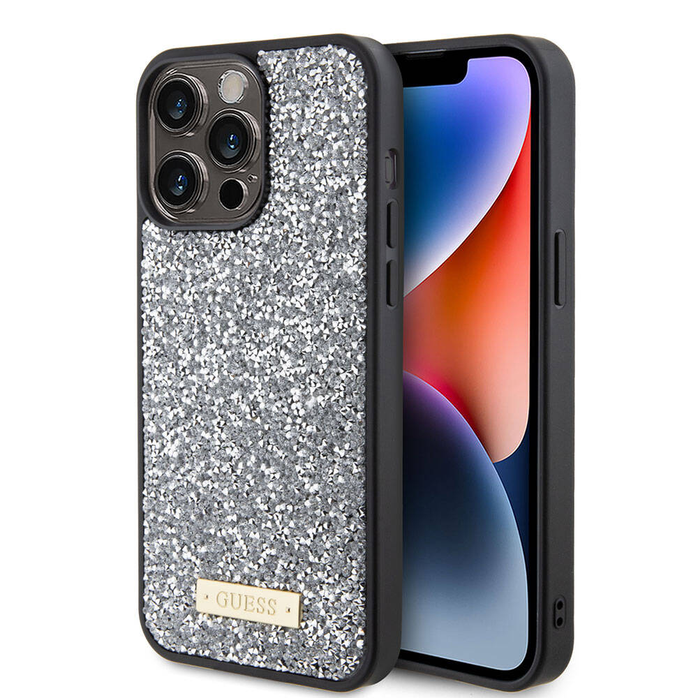 iPhone 15 Pro Max Kılıf Guess Orijinal Lisanslı Taşlı Arka Yüzey Metal Yazı Logolu Kılıf