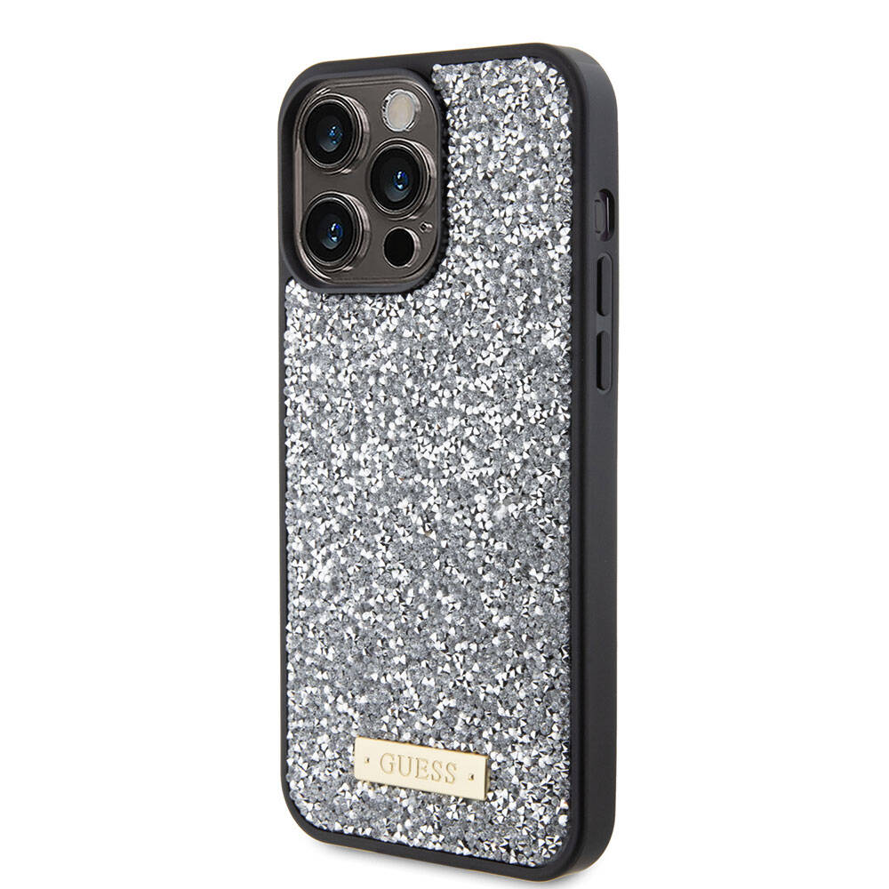 iPhone 15 Pro Max Kılıf Guess Orijinal Lisanslı Taşlı Arka Yüzey Metal Yazı Logolu Kılıf