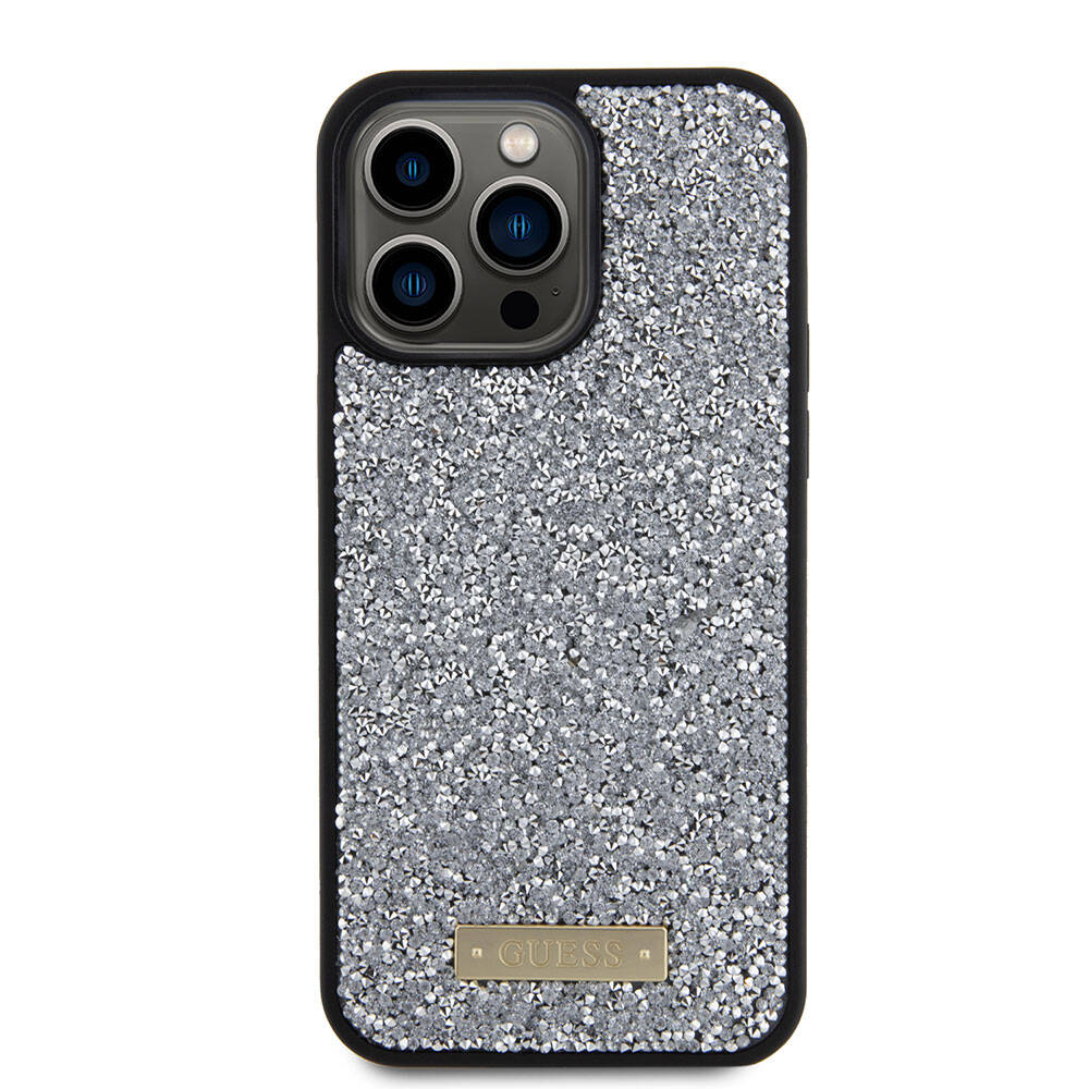 iPhone 15 Pro Max Kılıf Guess Orijinal Lisanslı Taşlı Arka Yüzey Metal Yazı Logolu Kılıf