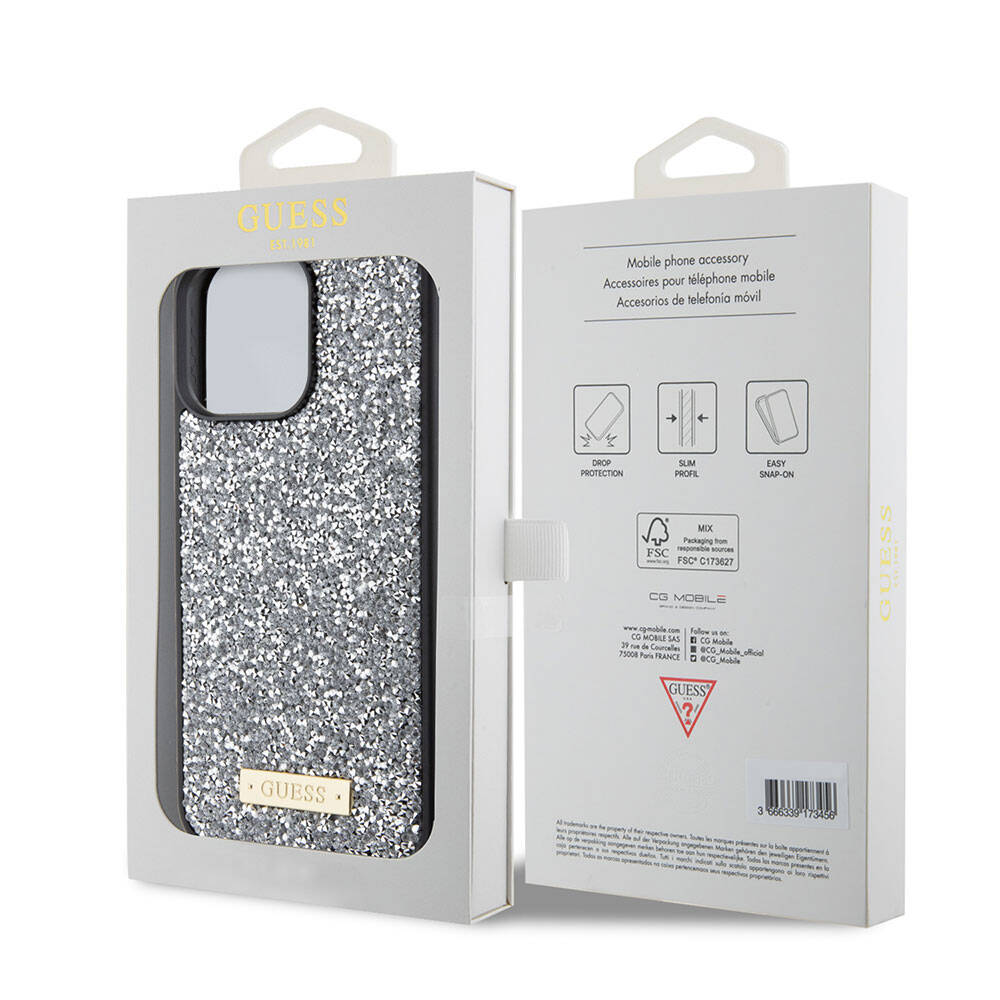 iPhone 15 Pro Max Kılıf Guess Orijinal Lisanslı Taşlı Arka Yüzey Metal Yazı Logolu Kılıf