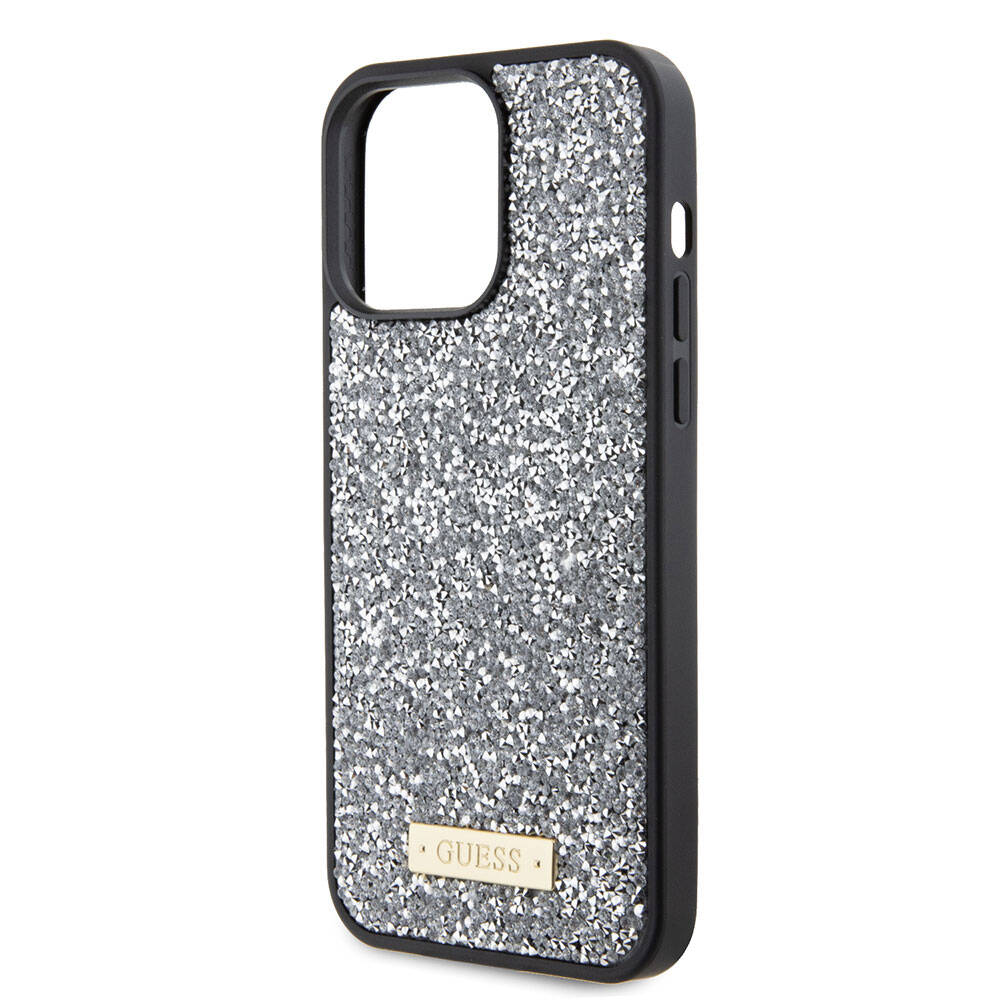 iPhone 15 Pro Max Kılıf Guess Orijinal Lisanslı Taşlı Arka Yüzey Metal Yazı Logolu Kılıf