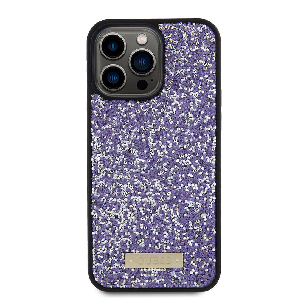 iPhone 15 Pro Max Kılıf Guess Orijinal Lisanslı Taşlı Arka Yüzey Metal Yazı Logolu Kılıf