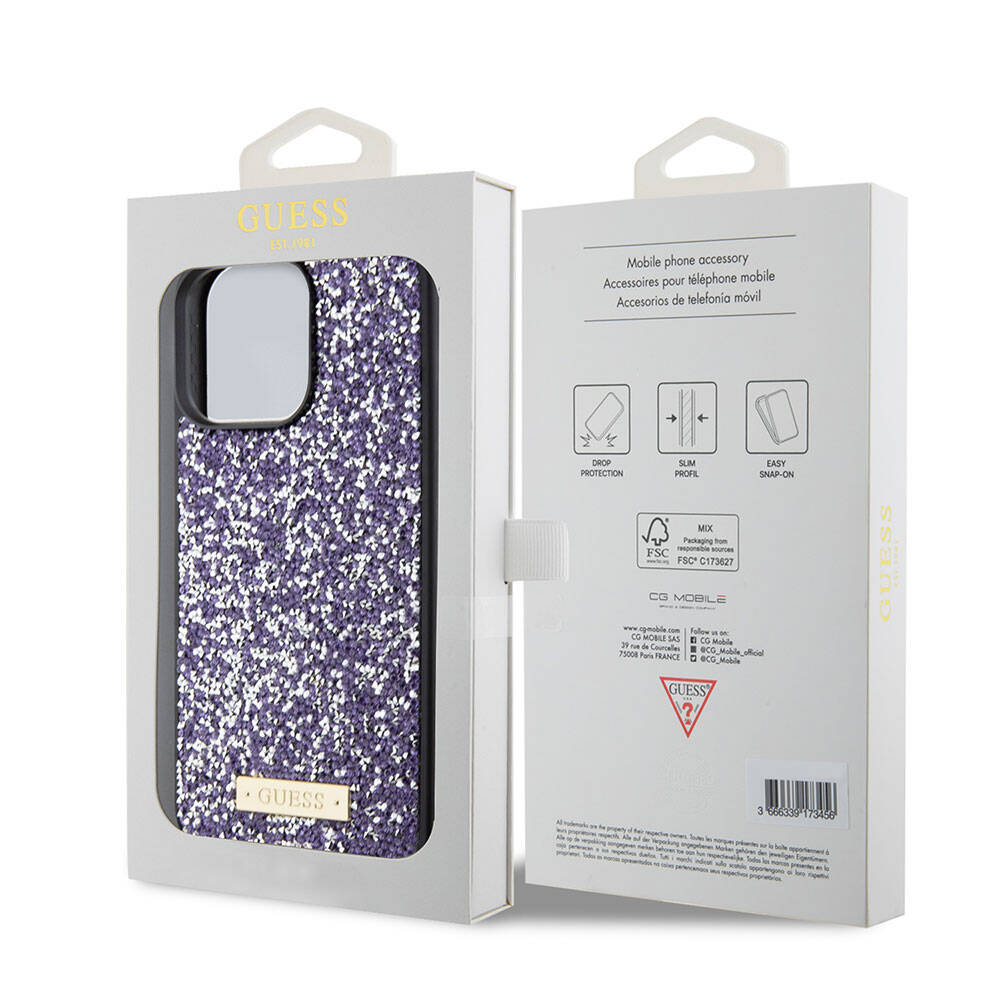 iPhone 15 Pro Max Kılıf Guess Orijinal Lisanslı Taşlı Arka Yüzey Metal Yazı Logolu Kılıf