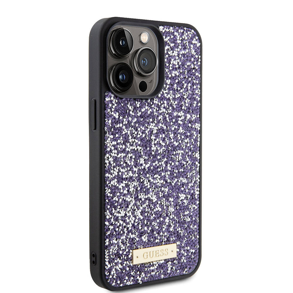 iPhone 15 Pro Max Kılıf Guess Orijinal Lisanslı Taşlı Arka Yüzey Metal Yazı Logolu Kılıf