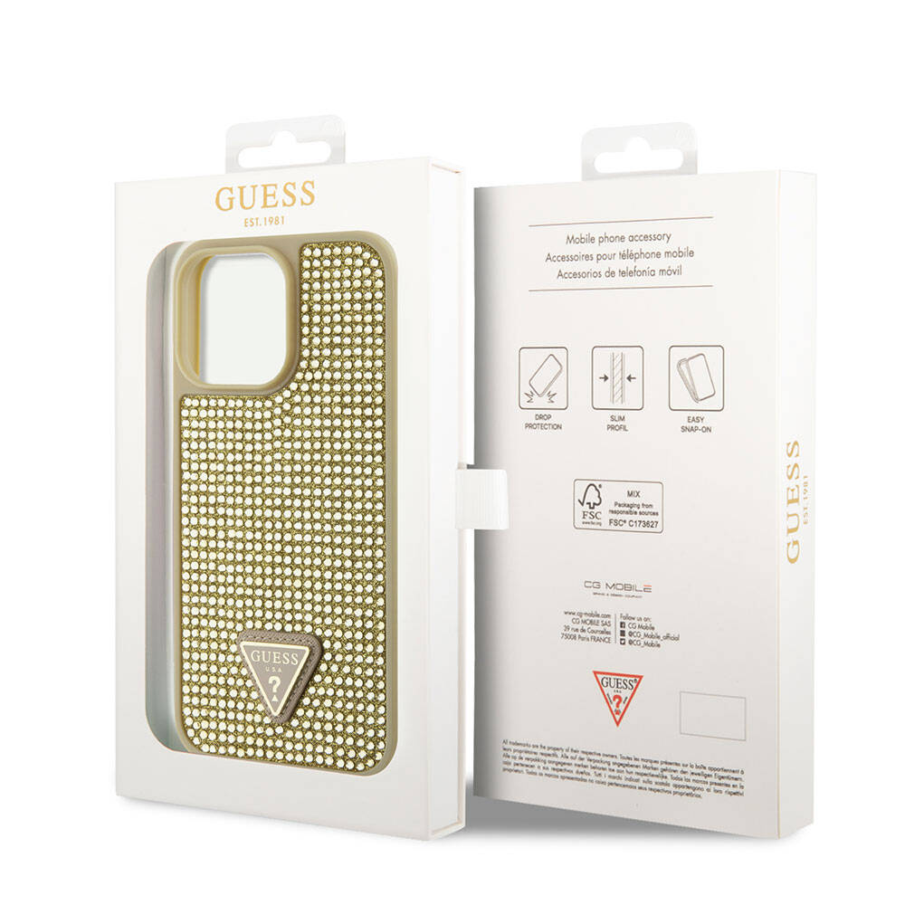 iPhone 15 Pro Max Kılıf Guess Orijinal Lisanslı Taşlı Arka Yüzey Üçgen Logolu Kılıf
