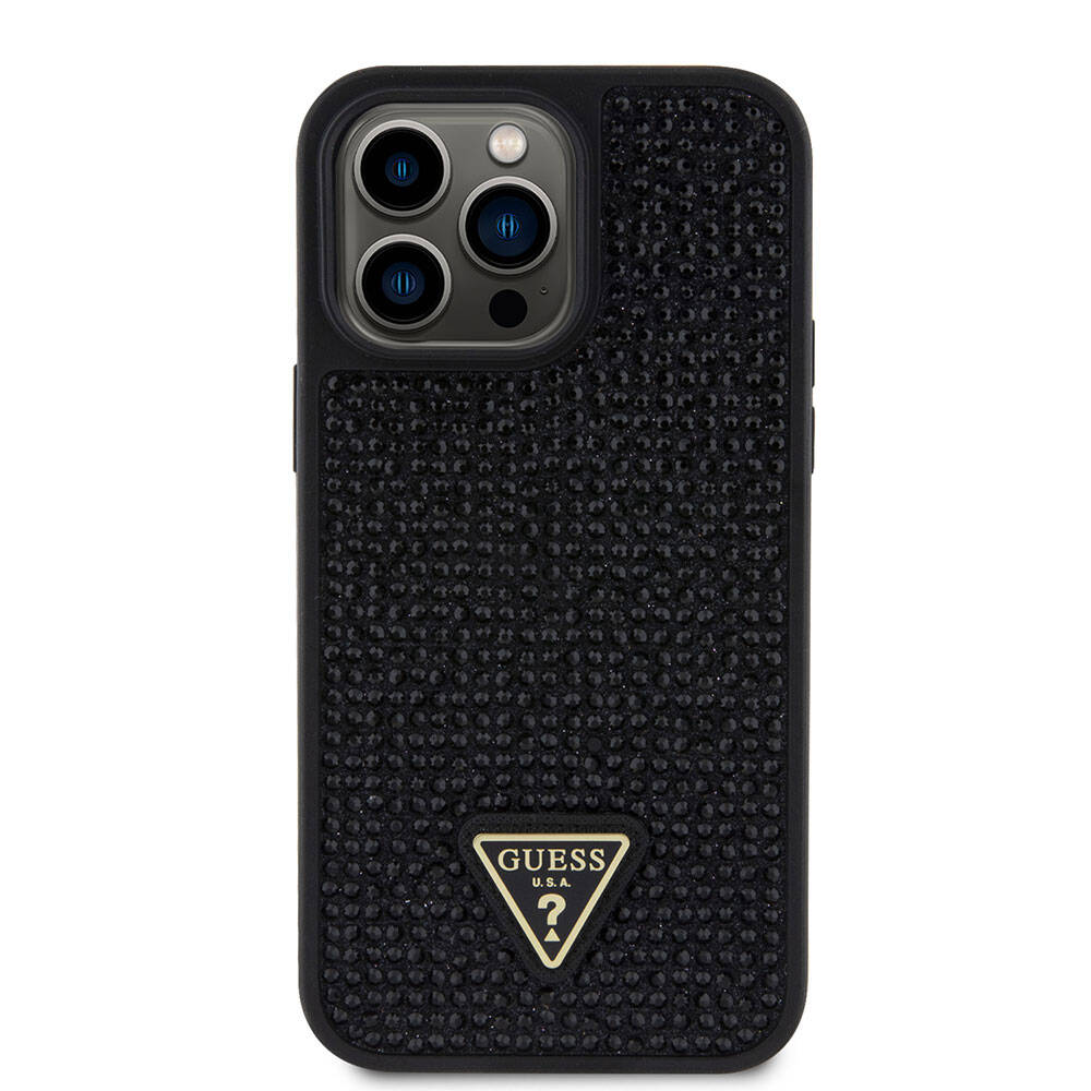 iPhone 15 Pro Max Kılıf Guess Orijinal Lisanslı Taşlı Arka Yüzey Üçgen Logolu Kılıf