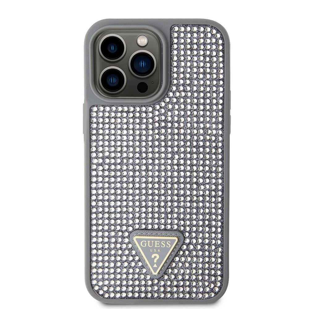 iPhone 15 Pro Max Kılıf Guess Orijinal Lisanslı Taşlı Arka Yüzey Üçgen Logolu Kılıf