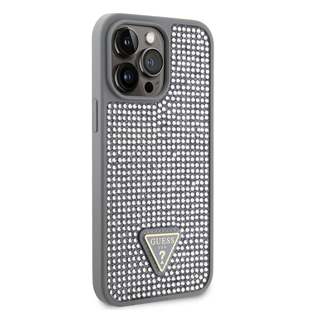 iPhone 15 Pro Max Kılıf Guess Orijinal Lisanslı Taşlı Arka Yüzey Üçgen Logolu Kılıf