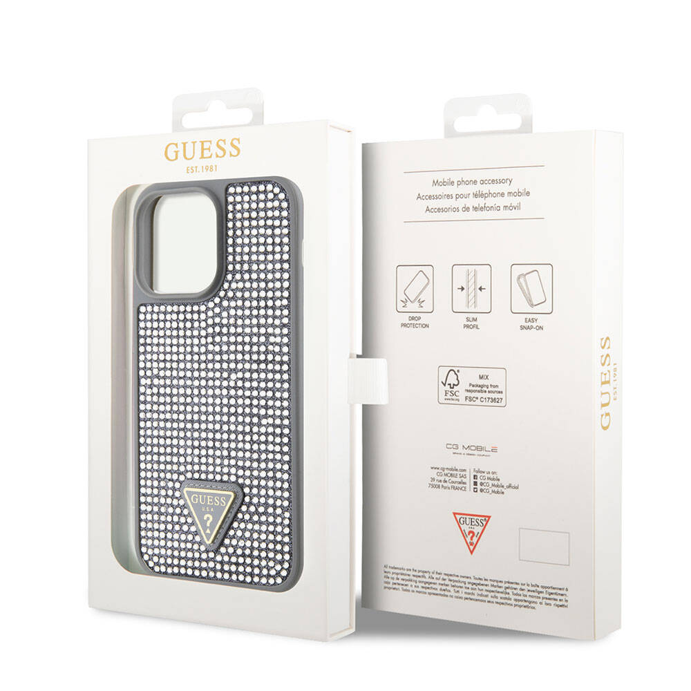 iPhone 15 Pro Max Kılıf Guess Orijinal Lisanslı Taşlı Arka Yüzey Üçgen Logolu Kılıf