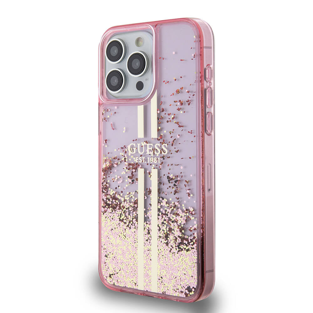 iPhone 15 Pro Max Kılıf Guess Orijinal Lisanslı Transparan Sıvılı Simli Altın Çizgili Kılıf