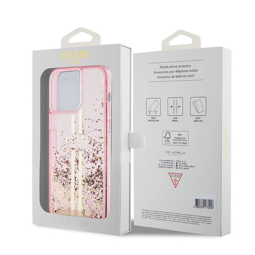 iPhone 15 Pro Max Kılıf Guess Orijinal Lisanslı Transparan Sıvılı Simli Altın Çizgili Kılıf