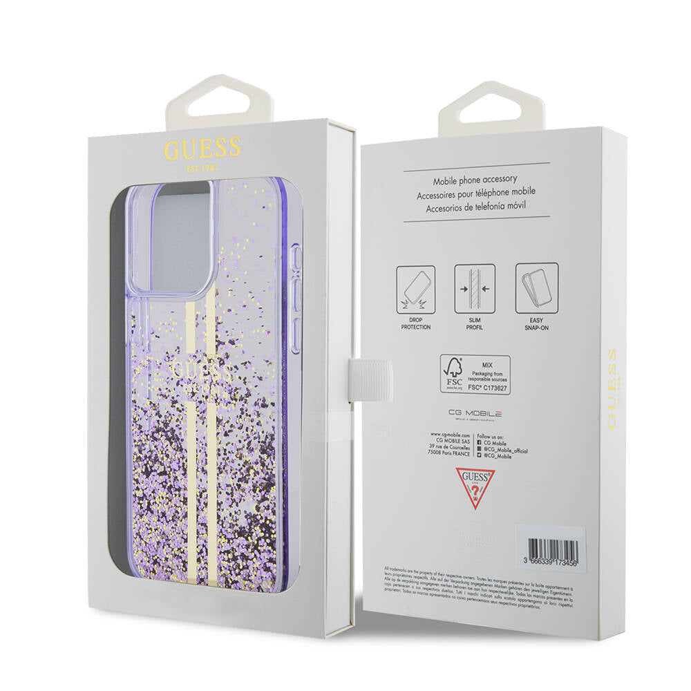 iPhone 15 Pro Max Kılıf Guess Orijinal Lisanslı Transparan Sıvılı Simli Altın Çizgili Kılıf