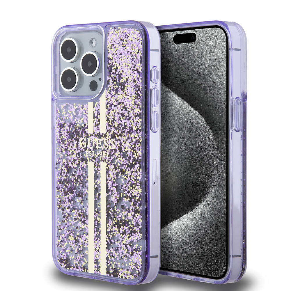 iPhone 15 Pro Max Kılıf Guess Orijinal Lisanslı Transparan Sıvılı Simli Altın Çizgili Kılıf