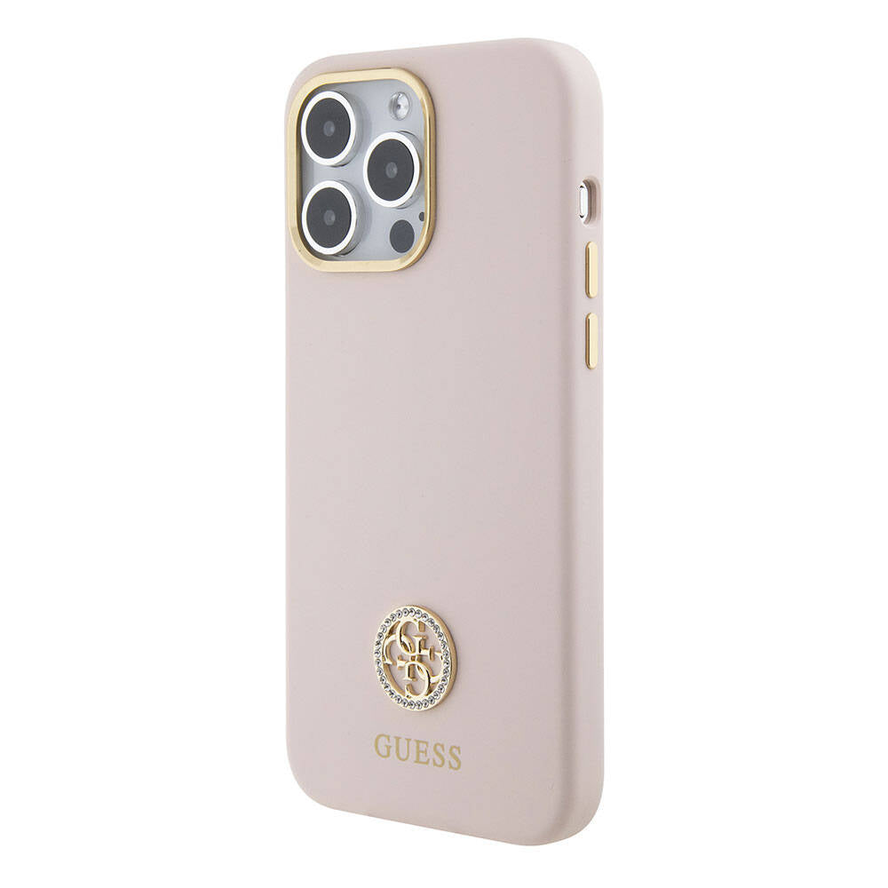 iPhone 15 Pro Max Kılıf Guess Orijinal Lisanslı Yazı ve Taşlı 4G Logolu Metal Kamera Çerçeveli Silikon Kılıf