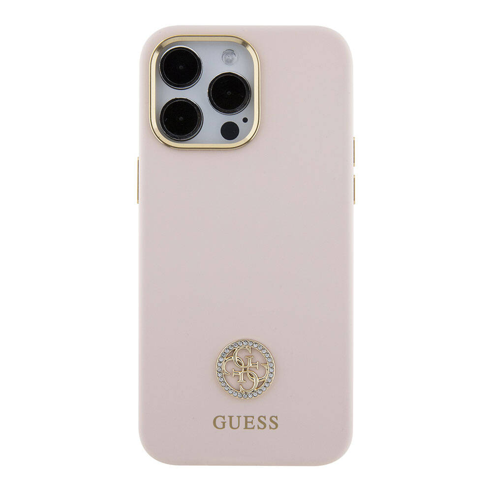 iPhone 15 Pro Max Kılıf Guess Orijinal Lisanslı Yazı ve Taşlı 4G Logolu Metal Kamera Çerçeveli Silikon Kılıf