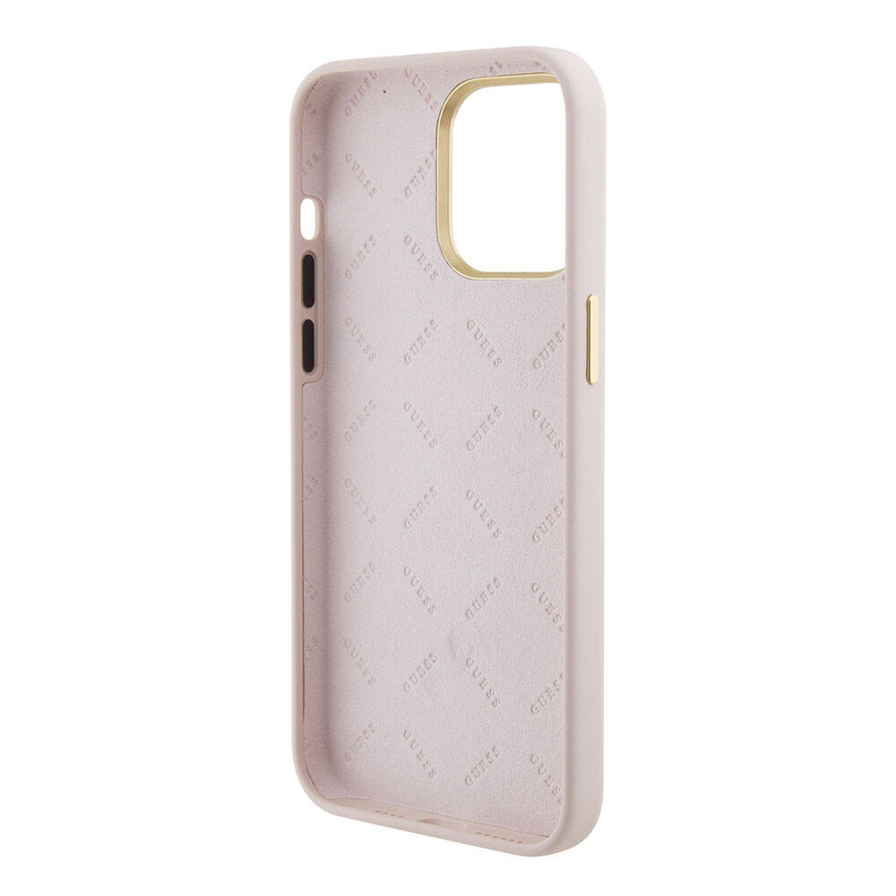 iPhone 15 Pro Max Kılıf Guess Orijinal Lisanslı Yazı ve Taşlı 4G Logolu Metal Kamera Çerçeveli Silikon Kılıf