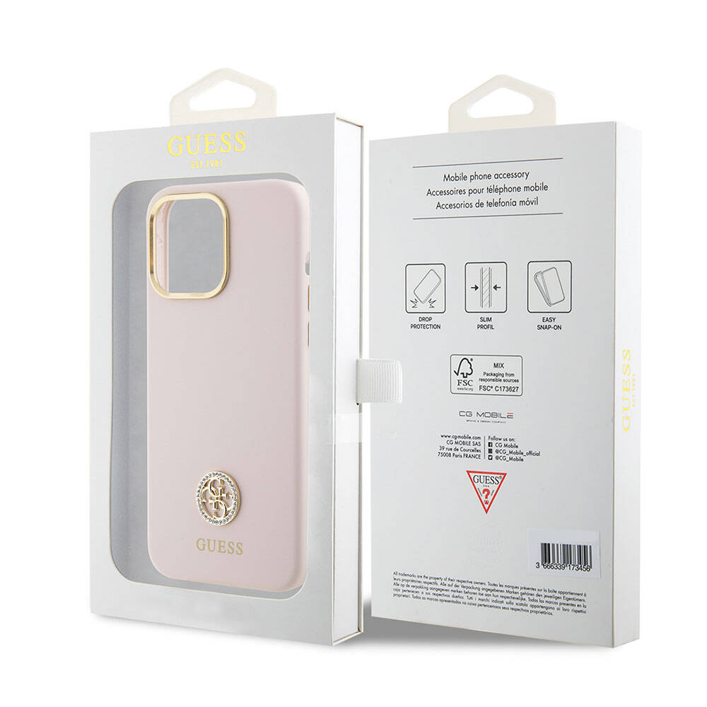 iPhone 15 Pro Max Kılıf Guess Orijinal Lisanslı Yazı ve Taşlı 4G Logolu Metal Kamera Çerçeveli Silikon Kılıf