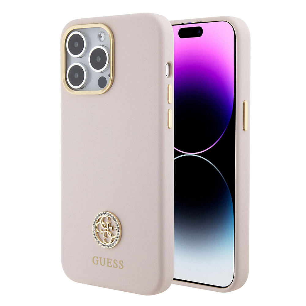 iPhone 15 Pro Max Kılıf Guess Orijinal Lisanslı Yazı ve Taşlı 4G Logolu Metal Kamera Çerçeveli Silikon Kılıf