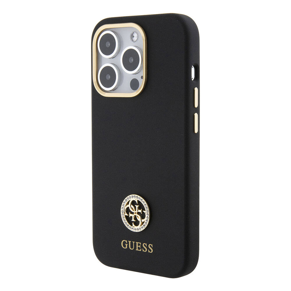 iPhone 15 Pro Max Kılıf Guess Orijinal Lisanslı Yazı ve Taşlı 4G Logolu Metal Kamera Çerçeveli Silikon Kılıf