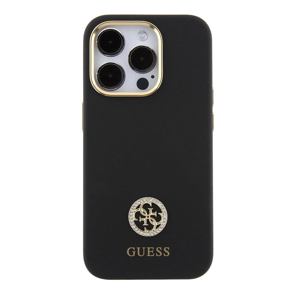 iPhone 15 Pro Max Kılıf Guess Orijinal Lisanslı Yazı ve Taşlı 4G Logolu Metal Kamera Çerçeveli Silikon Kılıf