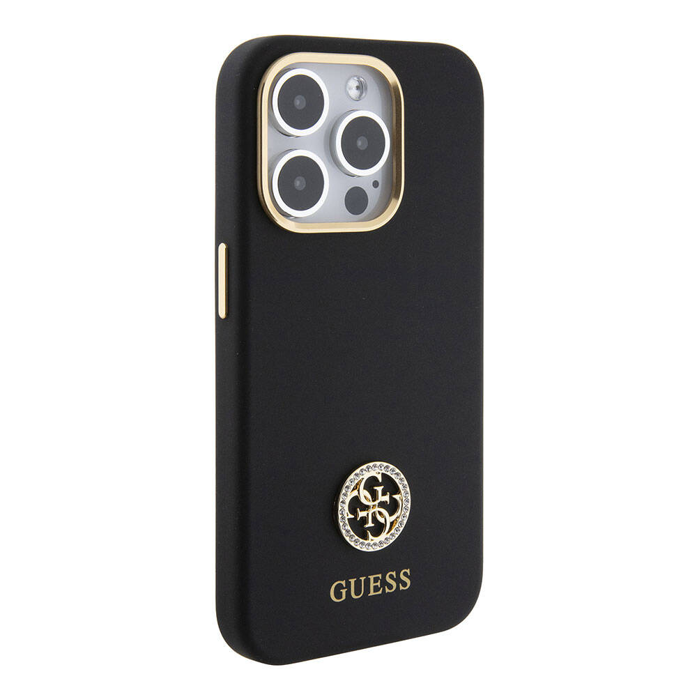 iPhone 15 Pro Max Kılıf Guess Orijinal Lisanslı Yazı ve Taşlı 4G Logolu Metal Kamera Çerçeveli Silikon Kılıf