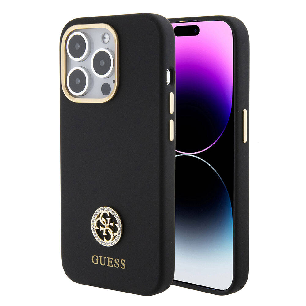 iPhone 15 Pro Max Kılıf Guess Orijinal Lisanslı Yazı ve Taşlı 4G Logolu Metal Kamera Çerçeveli Silikon Kılıf