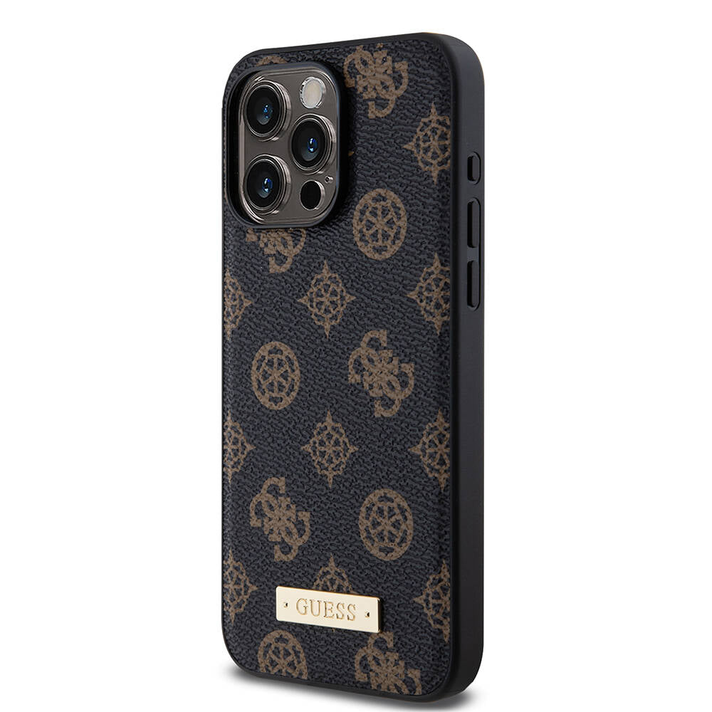 iPhone 15 Pro Max Kılıf Guess M-safe Şarj Özellikli PU Deri Desenli Metal Plaka Logolu Kılıf