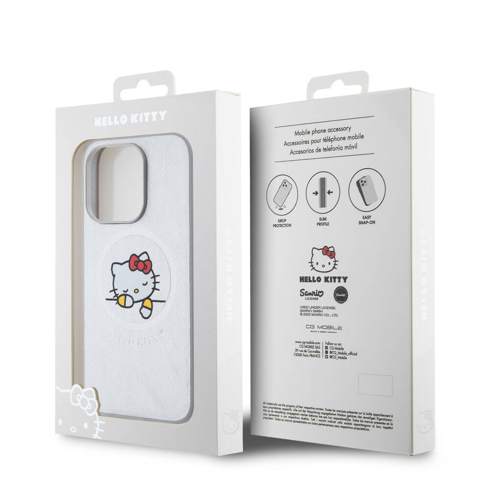 iPhone 15 Pro Max Kılıf Hello Kitty Orijinal Lisanslı M-safe Şarj Özellikli Baskı Logolu Uyuyan Kitty Deri Kılıf