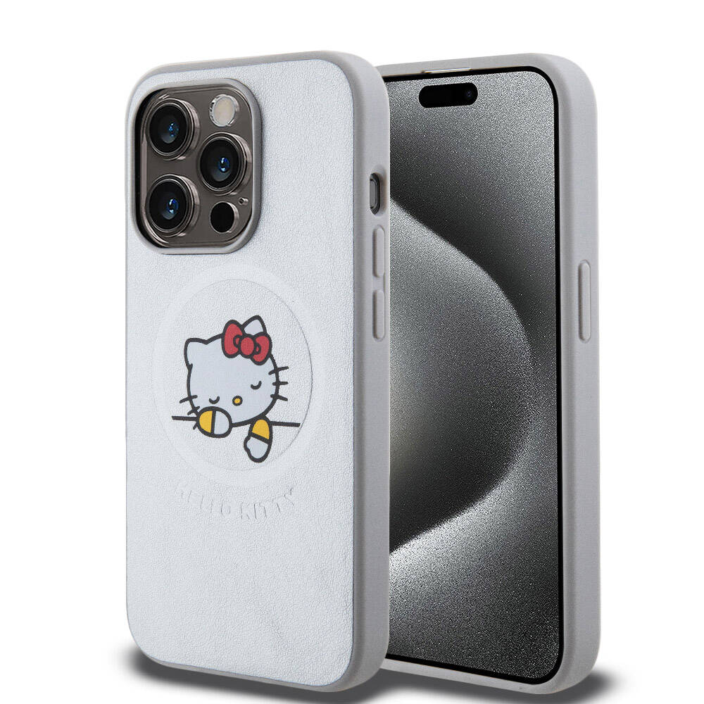 iPhone 15 Pro Max Kılıf Hello Kitty Orijinal Lisanslı M-safe Şarj Özellikli Baskı Logolu Uyuyan Kitty Deri Kılıf