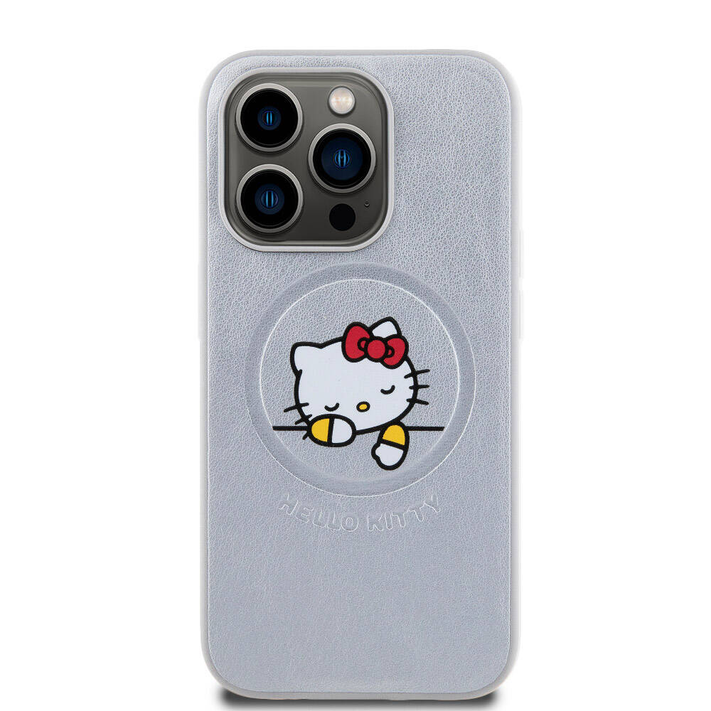 iPhone 15 Pro Max Kılıf Hello Kitty Orijinal Lisanslı M-safe Şarj Özellikli Baskı Logolu Uyuyan Kitty Deri Kılıf
