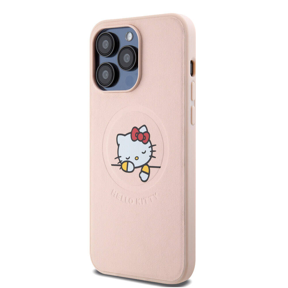 iPhone 15 Pro Max Kılıf Hello Kitty Orijinal Lisanslı M-safe Şarj Özellikli Baskı Logolu Uyuyan Kitty Deri Kılıf
