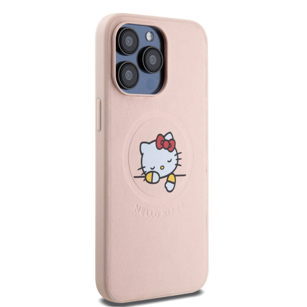iPhone 15 Pro Max Kılıf Hello Kitty Orijinal Lisanslı M-safe Şarj Özellikli Baskı Logolu Uyuyan Kitty Deri Kılıf