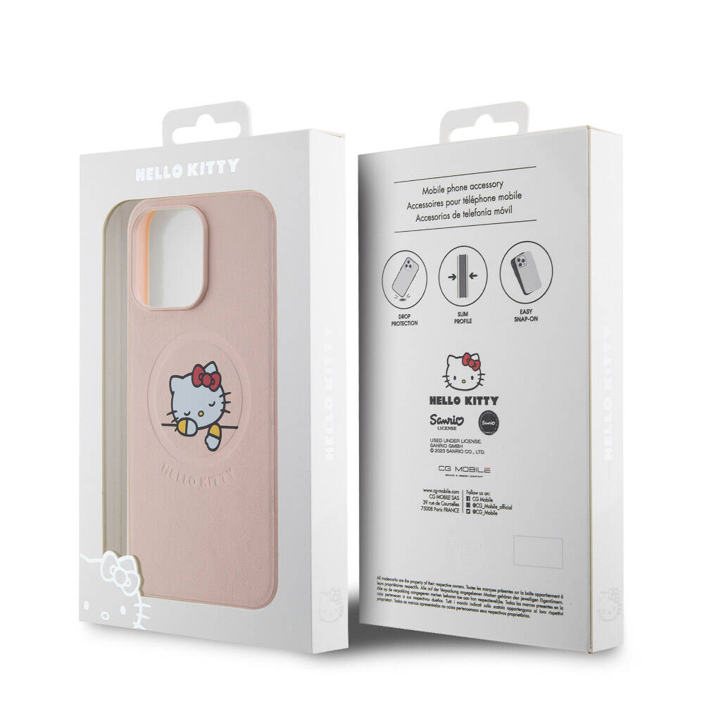 iPhone 15 Pro Max Kılıf Hello Kitty Orijinal Lisanslı M-safe Şarj Özellikli Baskı Logolu Uyuyan Kitty Deri Kılıf