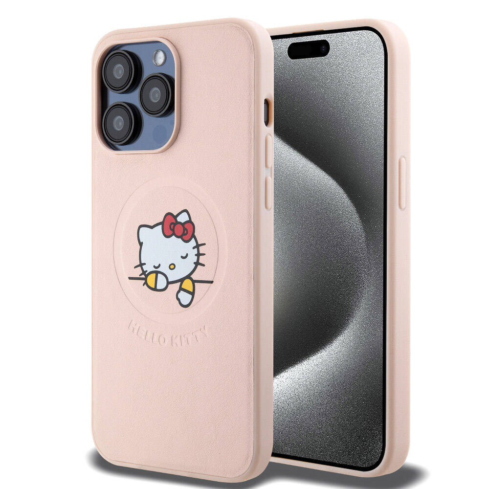 iPhone 15 Pro Max Kılıf Hello Kitty Orijinal Lisanslı M-safe Şarj Özellikli Baskı Logolu Uyuyan Kitty Deri Kılıf