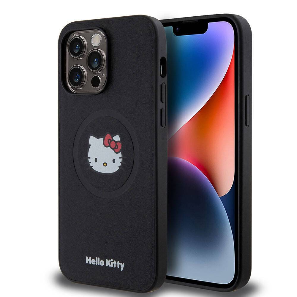 iPhone 15 Pro Max Kılıf Hello Kitty Orijinal Lisanslı M-safe Şarj Özellikli Kitty Head Deri Kılıf