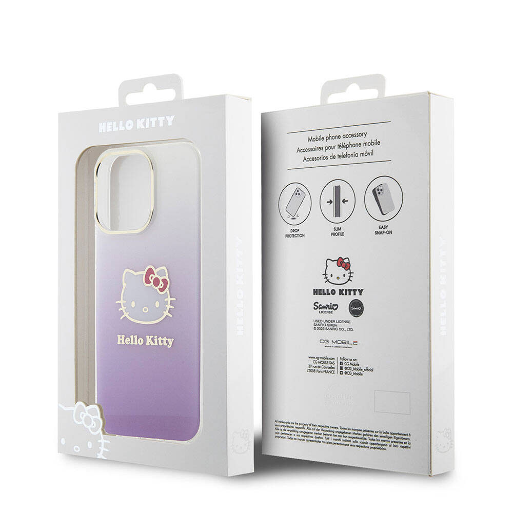 iPhone 15 Pro Max Kılıf Hello Kitty orijinal Lisanslı Yazı ve İkonik Logolu Elektroplating Kaplama Gradyan Kılıf