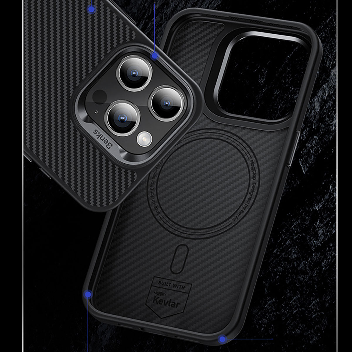 iPhone 15 Pro Max Kılıf Karbon Fiber M-safe Şarj Özellikli Benks Hybrid ArmorPro 600D Kevlar Kılıf