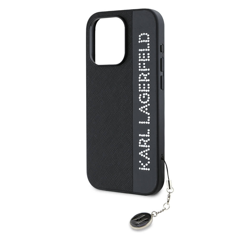 iPhone 15 Pro Max Kılıf Karl Lagerfeld Orijinal Lisanslı Anahtarlıklı Taşlı KL Yazılı Saffiano Rhinestones Kılıf