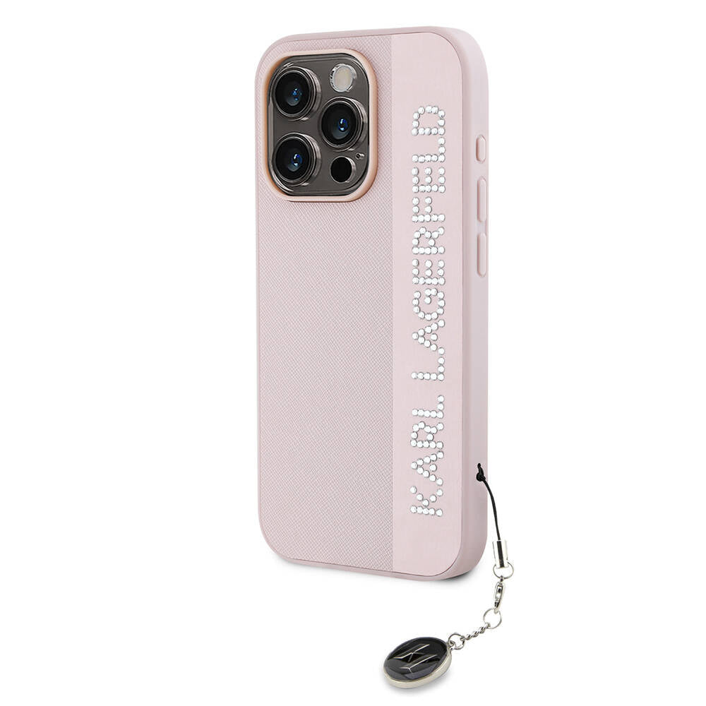iPhone 15 Pro Max Kılıf Karl Lagerfeld Orijinal Lisanslı Anahtarlıklı Taşlı KL Yazılı Saffiano Rhinestones Kılıf