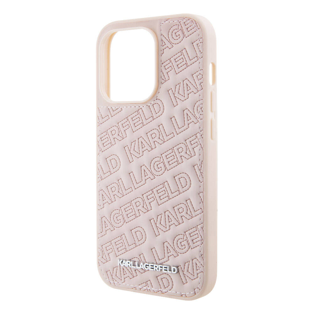 iPhone 15 Pro Max Kılıf Karl Lagerfeld Orijinal Lisanslı Metal Yazı Logolu Dikişli Logo Arka Yüzey Kapitone Kılıf