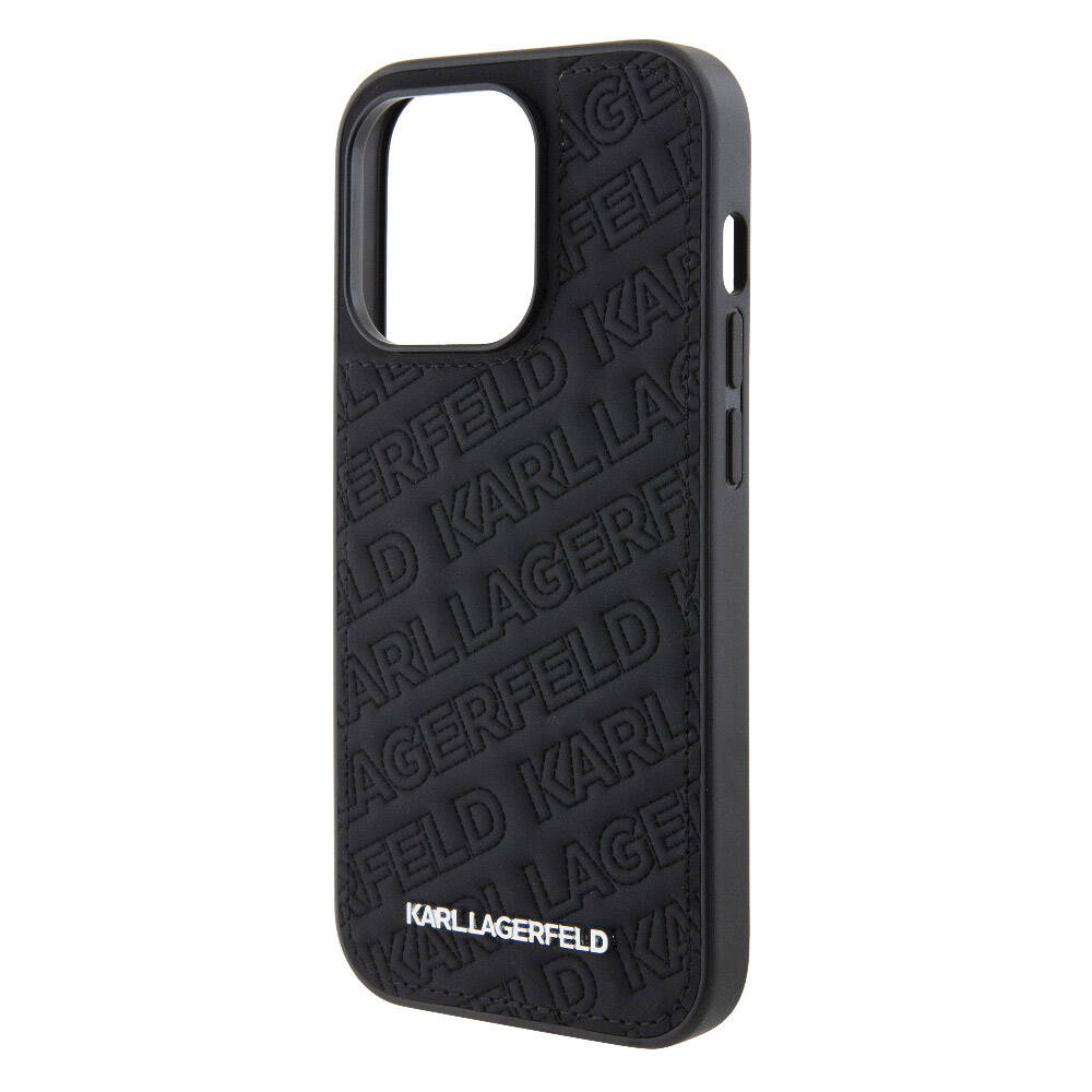 iPhone 15 Pro Max Kılıf Karl Lagerfeld Orijinal Lisanslı Metal Yazı Logolu Dikişli Logo Arka Yüzey Kapitone Kılıf