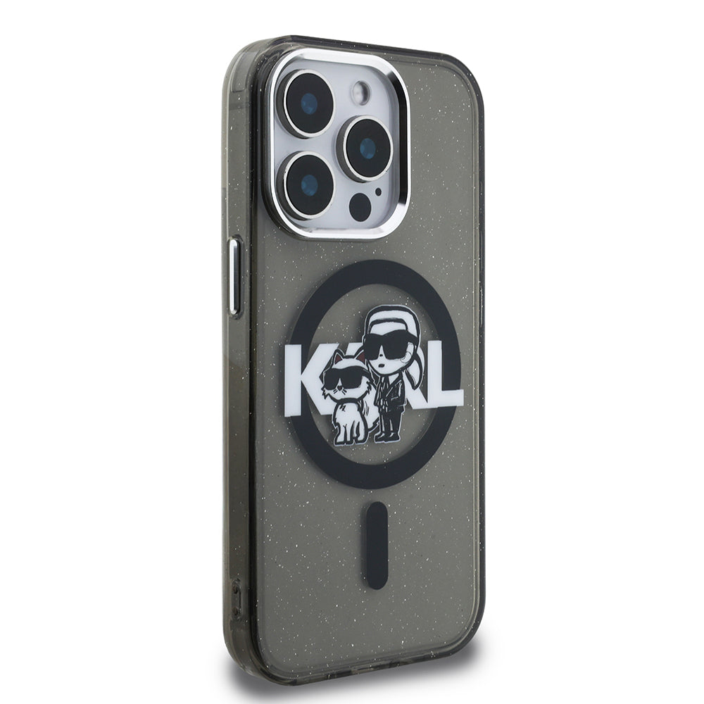 iPhone 15 Pro Max Kılıf Karl Lagerfeld Orijinal Lisanslı Parlayan Simli Karl & Choupette Sketch Logo Kılıf