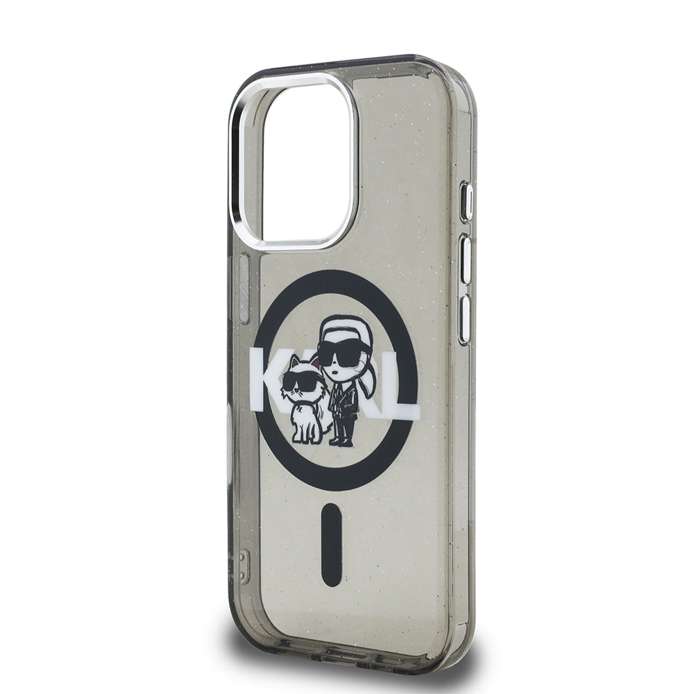 iPhone 15 Pro Max Kılıf Karl Lagerfeld Orijinal Lisanslı Parlayan Simli Karl & Choupette Sketch Logo Kılıf