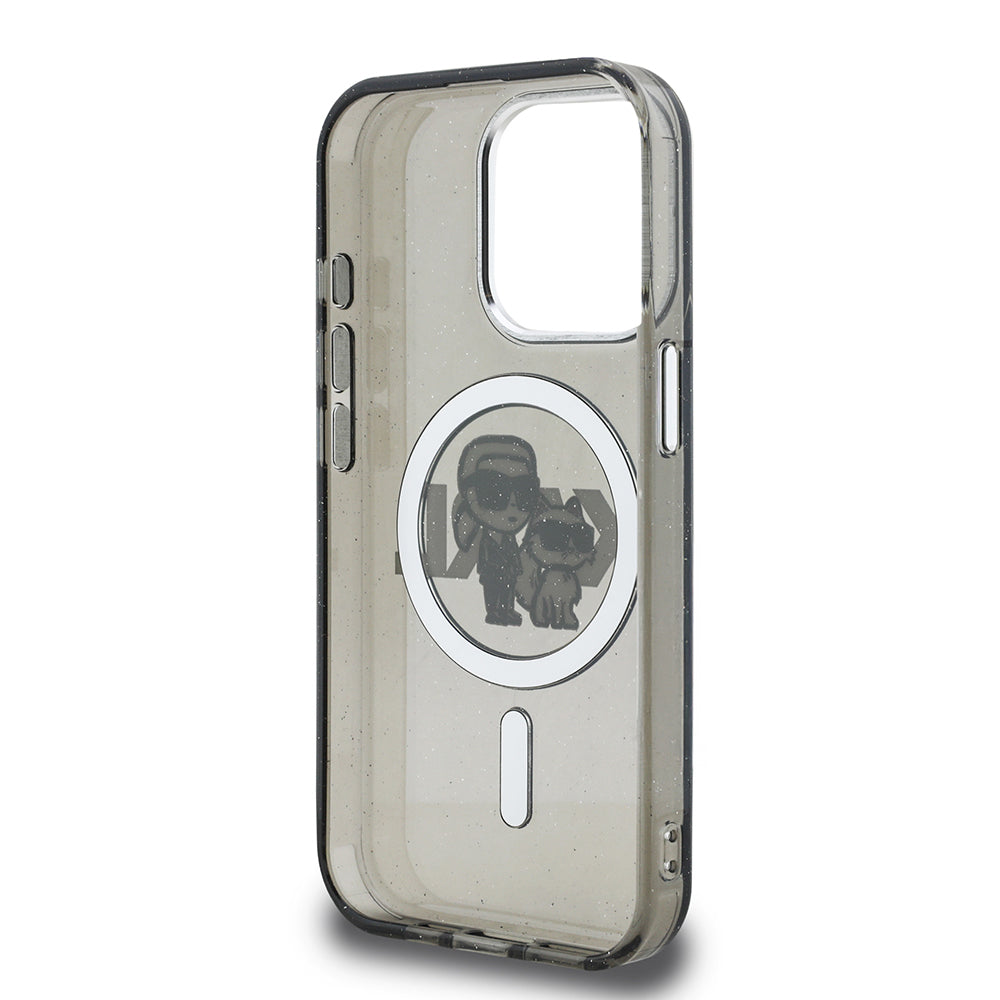 iPhone 15 Pro Max Kılıf Karl Lagerfeld Orijinal Lisanslı Parlayan Simli Karl & Choupette Sketch Logo Kılıf