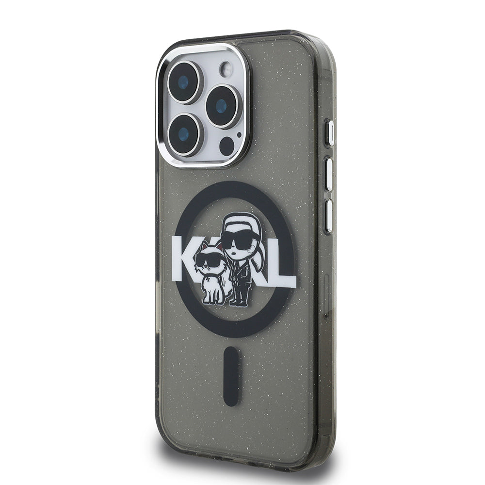 iPhone 15 Pro Max Kılıf Karl Lagerfeld Orijinal Lisanslı Parlayan Simli Karl & Choupette Sketch Logo Kılıf