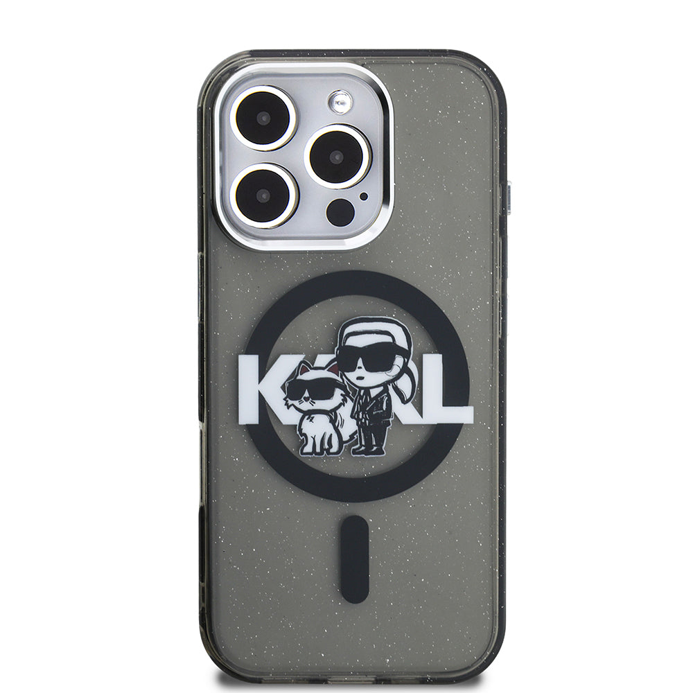 iPhone 15 Pro Max Kılıf Karl Lagerfeld Orijinal Lisanslı Parlayan Simli Karl & Choupette Sketch Logo Kılıf