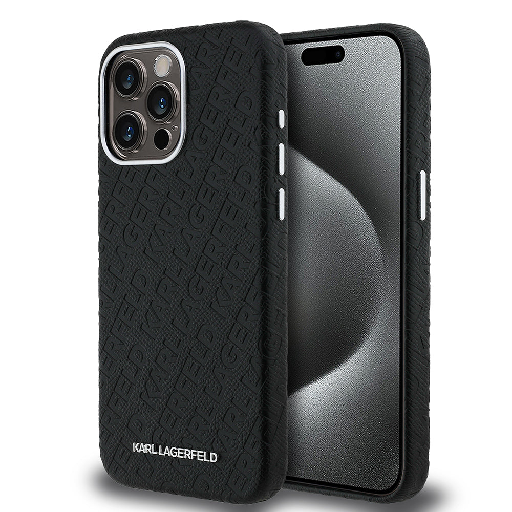iPhone 15 Pro Max Kılıf Karl Lagerfeld Orijinal Lisanslı PU Deri Damgalı Metal Yazı Logolu Kılıf