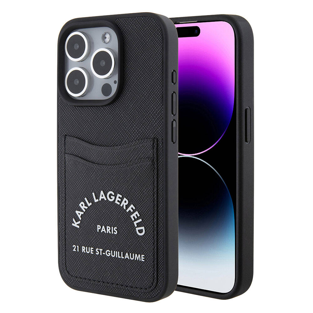 iPhone 15 Pro Max Kılıf Karl Lagerfeld Kartlıklı Saffiano 3D RSG Logo Orijinal Lisanslı Kılıf