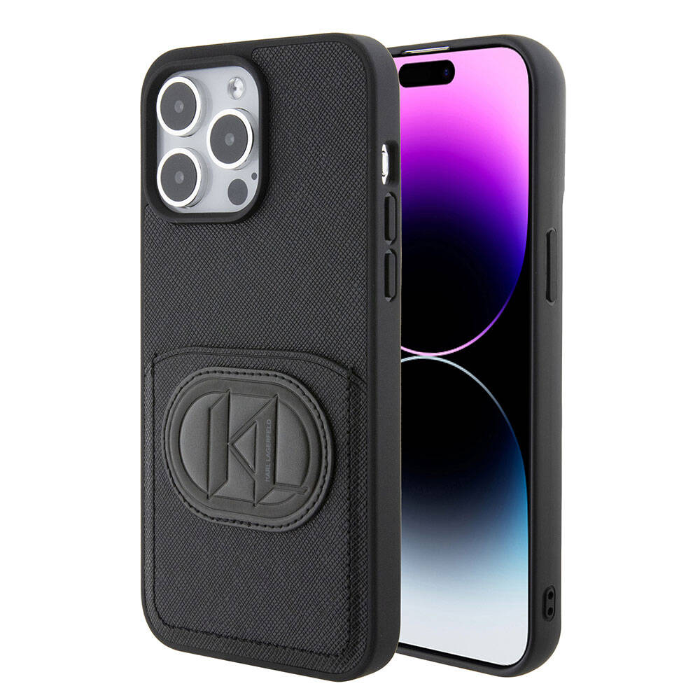 iPhone 15 Pro Max Kılıf Karl Lagerfeld Kartlıklı Saffiano K&L Patch Orijinal Lisanslı Kılıf
