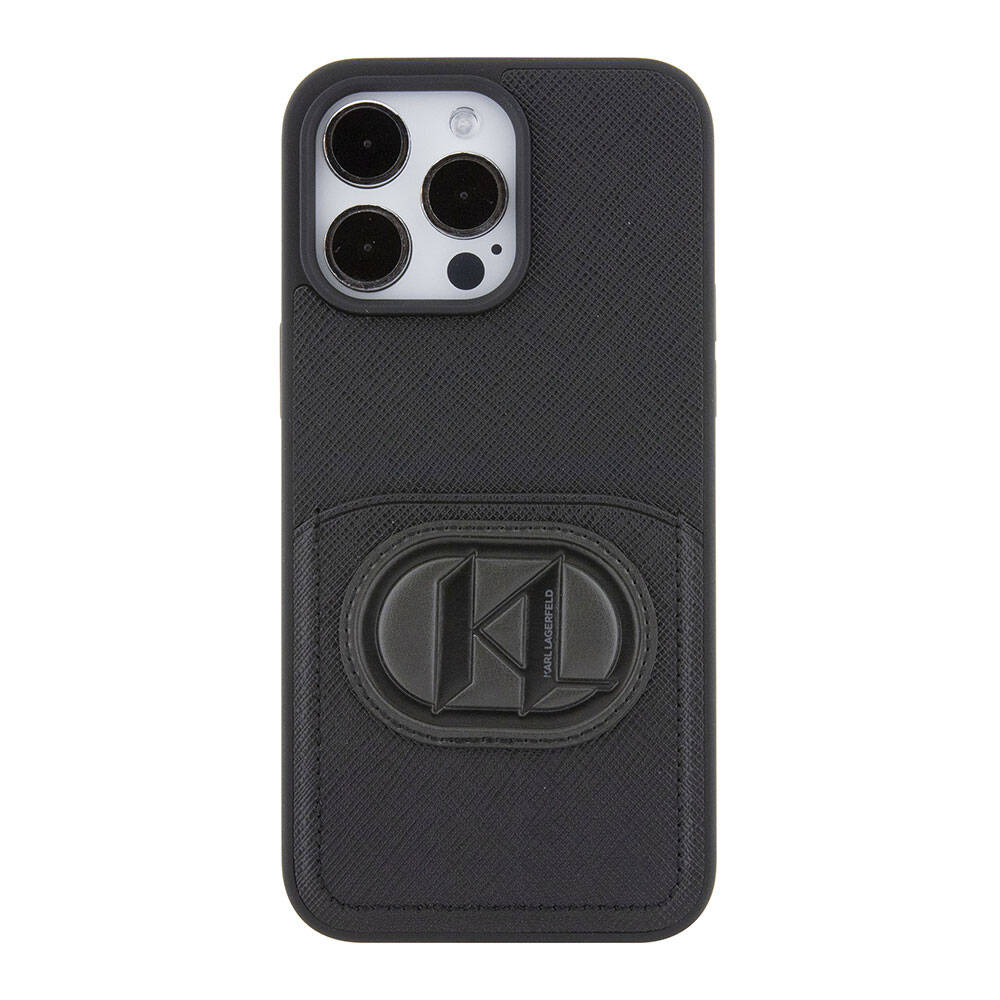 iPhone 15 Pro Max Kılıf Karl Lagerfeld Kartlıklı Saffiano K&L Patch Orijinal Lisanslı Kılıf